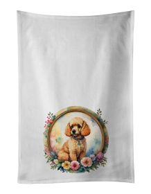 Poodle and Flowers Kitchen Towel Set of 2 White Dish Towels Decorative Bathroom Hand towel for Hand, Face, Hair, Yoga, Tea, Dishcloth, 19 X 28", White