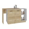 Kitchen Island, Double Door Cabinets, Two External Shelves, Three Shelves, White / Light Oak