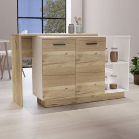 Kitchen Island, Double Door Cabinets, Two External Shelves, Three Shelves, White / Light Oak