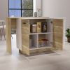 Kitchen Island, Double Door Cabinets, Two External Shelves, Three Shelves, White / Light Oak
