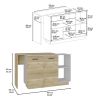 Kitchen Island, Double Door Cabinets, Two External Shelves, Three Shelves, White / Light Oak