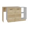 Kitchen Island, Double Door Cabinets, Two External Shelves, Three Shelves, White / Light Oak