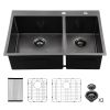 33 Inch Kitchen Sink Drop-in Topmount Sink 16 Gauge Double Bowl 50/50 Gunmetal Black Stainless Steel Sink with Strainer