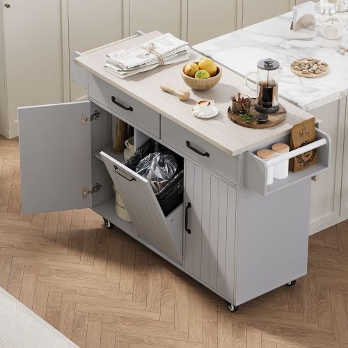 Kitchen Island with Trash Can Storage Cabinet, Kitchen Cart with Drop Leaf, Spice Rack, Towel Rack and Drawer Kitchen Island with Trash Can Storage Cabinet, Kitchen Cart with Drop Leaf, Spice Rack, Towel Rack and Drawer