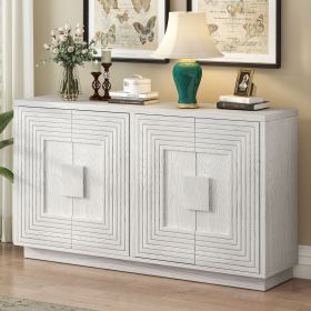 Vintage Distressed 4-Door Sideboard with Adjustable Shelves and Geometric Pattern for Dining Room,Kitchen and Living Room (Material: Solid Wood+MDF, Color: Antique White)