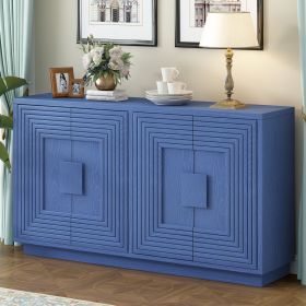 Vintage Distressed 4-Door Sideboard with Adjustable Shelves and Geometric Pattern for Dining Room,Kitchen and Living Room (Material: Solid Wood+MDF, Color: navy blue)