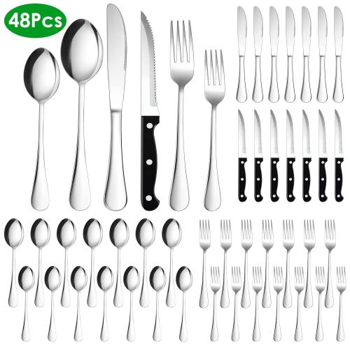 48-Piece Silverware Set Stainless Steel Flatware Cutlery Set Tableware Eating Utensils for 8 with Knife Fork Spoon Dishwasher Safe for Home Kitchen Re