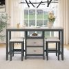 Farmhouse Rustic 3-piece Counter Height Wood Dining Table Set with Cabinet,2 Storage Drawers and 2 Stools for Small Places