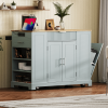Fluted Kitchen Island with Trash Can Storage Cabinet, Power Outlet, Internal Storage Rack, Rolling Kitchen Islands on 5 Wheels with 3 Drawer