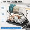 2-layer bowl and dish drying rack with bowl, cup, and basin holder, foldable bowl and dish drain rack, suitable for kitchen countertops
